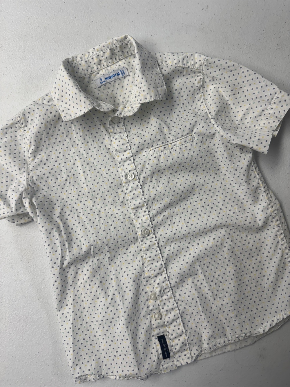 Mayoral Cream Short-Sleeve Button-Down Shirt with Blue Dot Print
